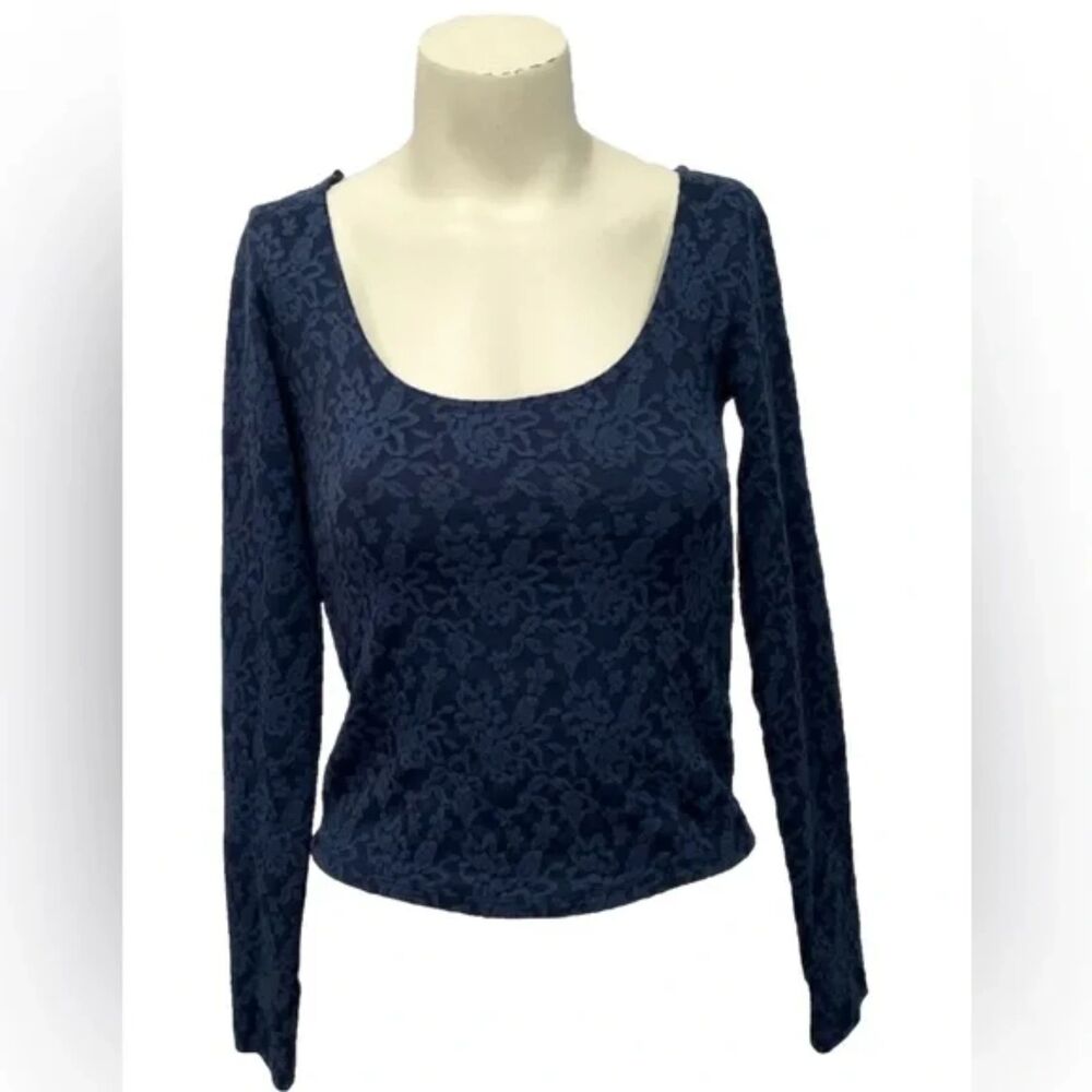 American Eagle AE Floral Jacquard Blouse Long Slv Top Fitted Blue Lace Womens XS